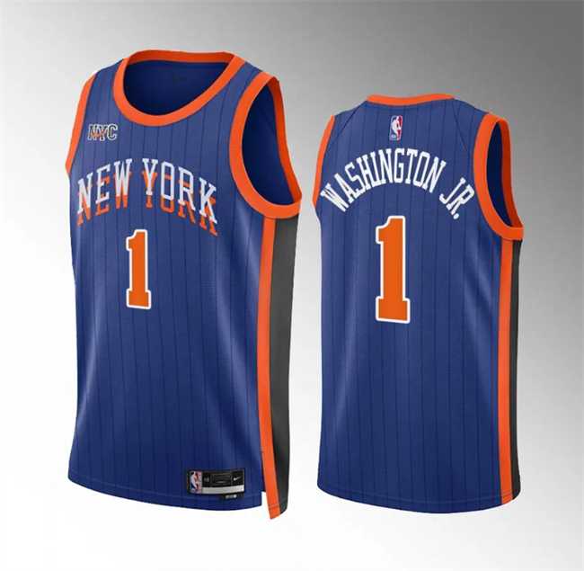 Mens New Yok Knicks #1 Duane Washington Jr Blue 2023-24 City Edition Stitched Basketball Jersey Dzhi